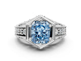 White gold Hexagon Bezel Fancy Blue Radiant Cut Diamond Milgrain Split Shank Ring