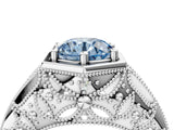 White gold Hexagon Bezel Fancy Blue Round Cut Diamond Milgrain Split Shank Ring_4