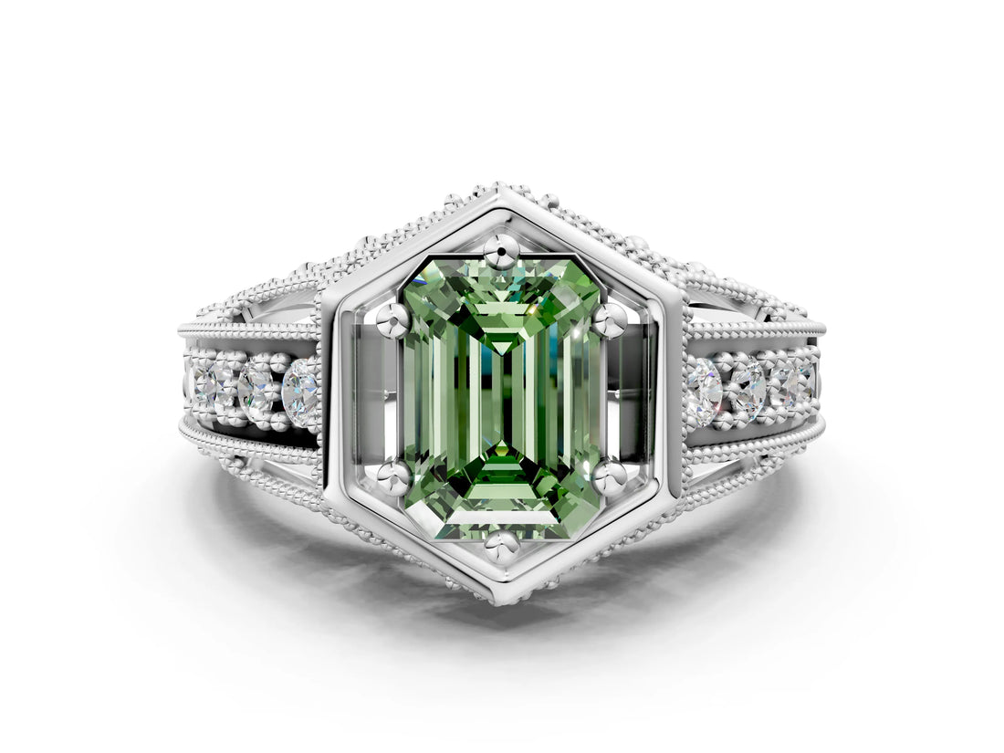 White gold Hexagon Bezel Fancy Green Emerald Cut Diamond Milgrain Split Shank Ring