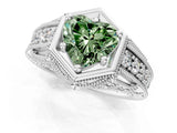 White gold Hexagon Bezel Fancy Green Heart Cut Diamond Milgrain Split Shank Ring_1