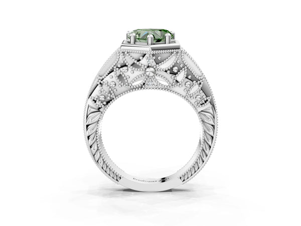 White gold Hexagon Bezel Fancy Green Heart Cut Diamond Milgrain Split Shank Ring