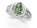 White gold Hexagon Bezel Fancy Green Pear Cut Diamond Milgrain Split Shank Ring_1