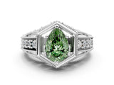White gold Hexagon Bezel Fancy Green Pear Cut Diamond Milgrain Split Shank Ring