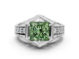White gold Hexagon Bezel Fancy Green Princess Cut Diamond Milgrain Split Shank Ring
