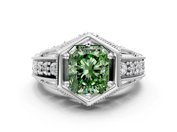 White gold Hexagon Bezel Fancy Green Radiant Cut Diamond Milgrain Split Shank Ring