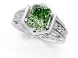 White gold Hexagon Bezel Fancy Green Radiant Cut Diamond Milgrain Split Shank Ring_1