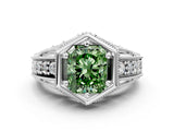White gold Hexagon Bezel Fancy Green Radiant Cut Diamond Milgrain Split Shank Ring