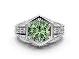 White gold Hexagon Bezel Fancy Green Round Cut Diamond Milgrain Split Shank Ring