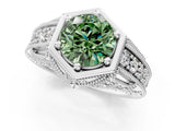 White gold Hexagon Bezel Fancy Green Round Cut Diamond Milgrain Split Shank Ring_1