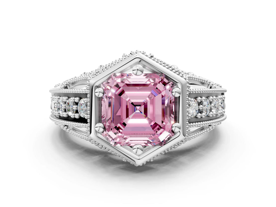 White gold Hexagon Bezel Fancy Pink Asscher Cut Diamond Milgrain Split Shank Ring