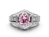White gold Hexagon Bezel Fancy Pink Cushion Cut Diamond Milgrain Split Shank Ring