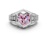 White gold Hexagon Bezel Fancy Pink Heart Cut Diamond Milgrain Split Shank Ring