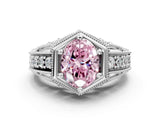 White gold Hexagon Bezel Fancy Pink Oval Cut Diamond Milgrain Split Shank Ring