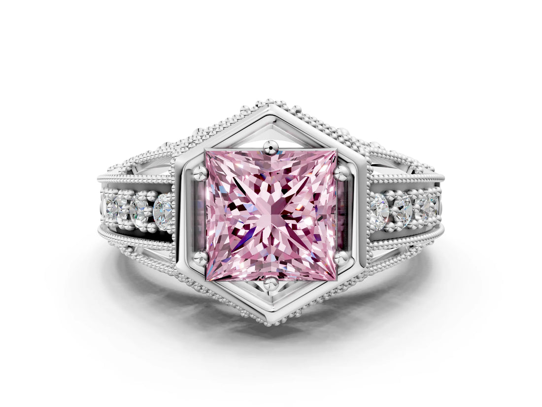 White gold Hexagon Bezel Fancy Pink Princess Cut Diamond Milgrain Split Shank Ring