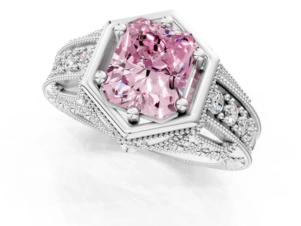 White gold Hexagon Bezel Fancy Pink Radiant Cut Diamond Milgrain Split Shank Ring