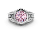 White gold Hexagon Bezel Fancy Pink Round Cut Diamond Milgrain Split Shank Ring