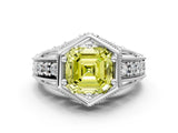 White gold Hexagon Bezel Fancy Yellow Asscher Cut Diamond Milgrain Split Shank Ring