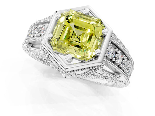 White gold Hexagon Bezel Fancy Yellow Asscher Cut Diamond Milgrain Split Shank Ring