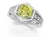 White gold Hexagon Bezel Fancy Yellow Cushion Cut Diamond Milgrain Split Shank Ring_1