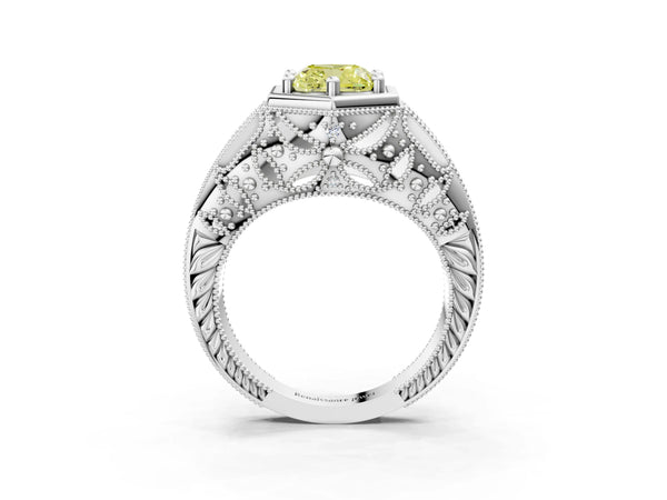 White gold Hexagon Bezel Fancy Yellow Cushion Cut Diamond Milgrain Split Shank Ring