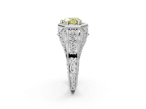 White gold Hexagon Bezel Fancy Yellow Heart Cut Diamond Milgrain Split Shank Ring