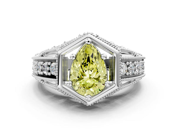 White gold Hexagon Bezel Fancy Yellow Pear Cut Diamond Milgrain Split Shank Ring