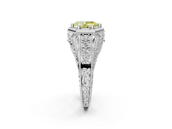 White gold Hexagon Bezel Fancy Yellow Pear Cut Diamond Milgrain Split Shank Ring