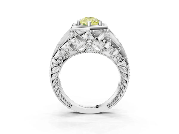 White gold Hexagon Bezel Fancy Yellow Pear Cut Diamond Milgrain Split Shank Ring