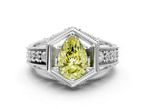 White gold Hexagon Bezel Fancy Yellow Pear Cut Diamond Milgrain Split Shank Ring