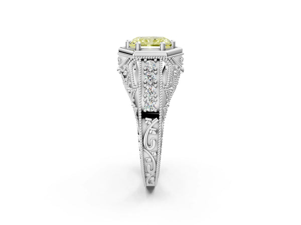 White gold Hexagon Bezel Fancy Yellow Radiant Cut Diamond Milgrain Split Shank Ring