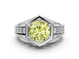 White gold Hexagon Bezel Fancy Yellow Round Cut Diamond Milgrain Split Shank Ring