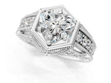 White gold Hexagon Bezel Heart Cut Diamond Milgrain Split Shank Ring_8