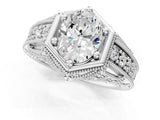 White gold Hexagon Bezel Oval Cut Diamond Milgrain Split Shank Ring_8