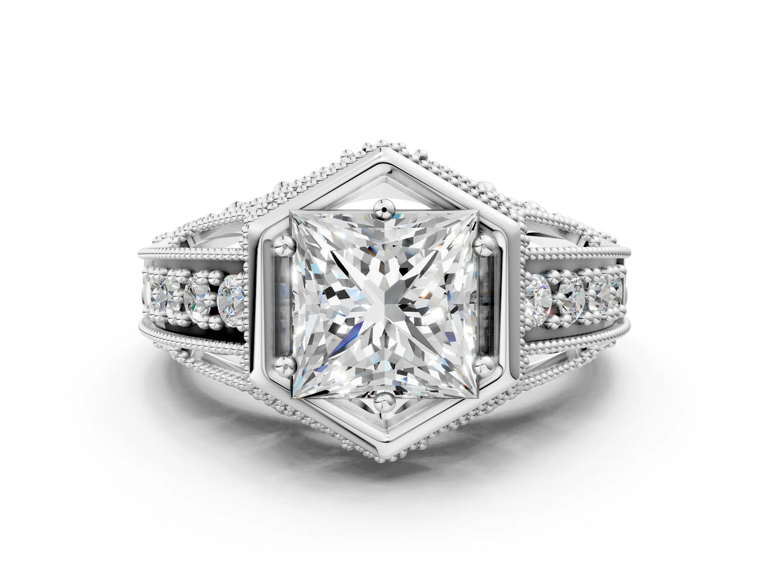 White gold Hexagon Bezel Princess Cut Diamond Milgrain Split Shank Ring_7