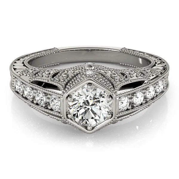 White gold Hexagon Bezel Round Diamond Milgrain Split Shank Ring