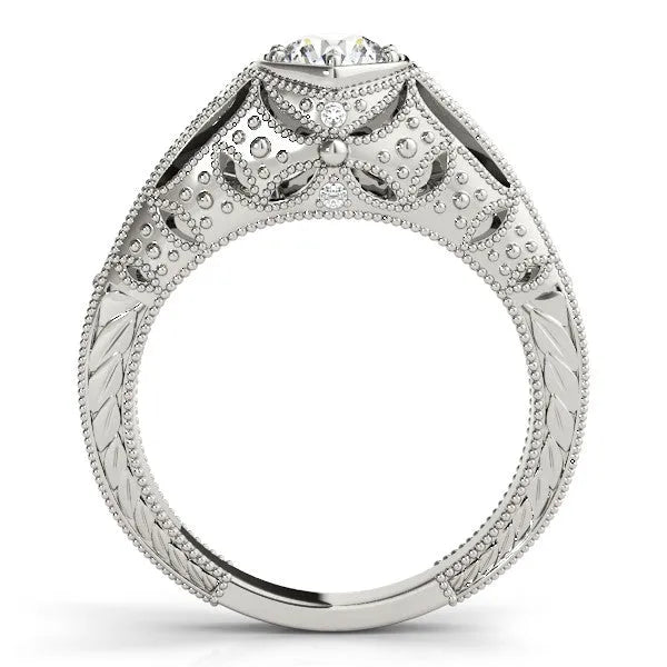 White gold Hexagon Bezel Round Diamond Milgrain Split Shank Ring