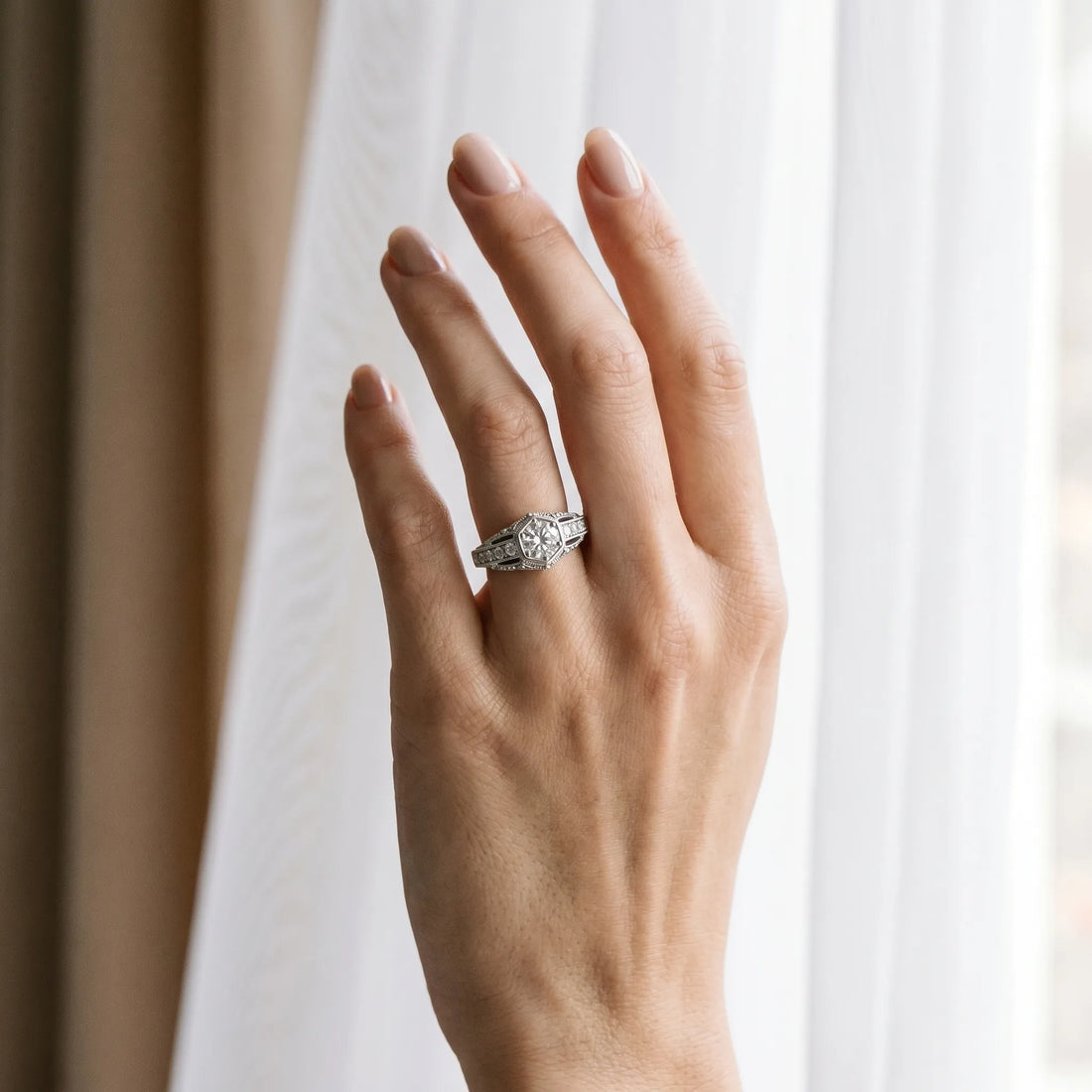 White gold Hexagon Bezel Round Diamond Milgrain Split Shank Ring_25