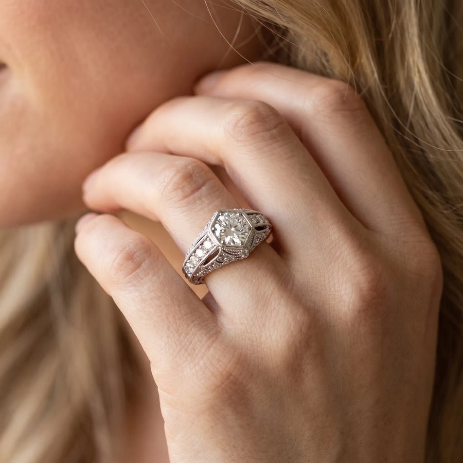 White gold Hexagon Bezel Round Diamond Milgrain Split Shank Ring
