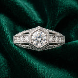 White gold Hexagon Bezel Round Diamond Milgrain Split Shank Ring_28