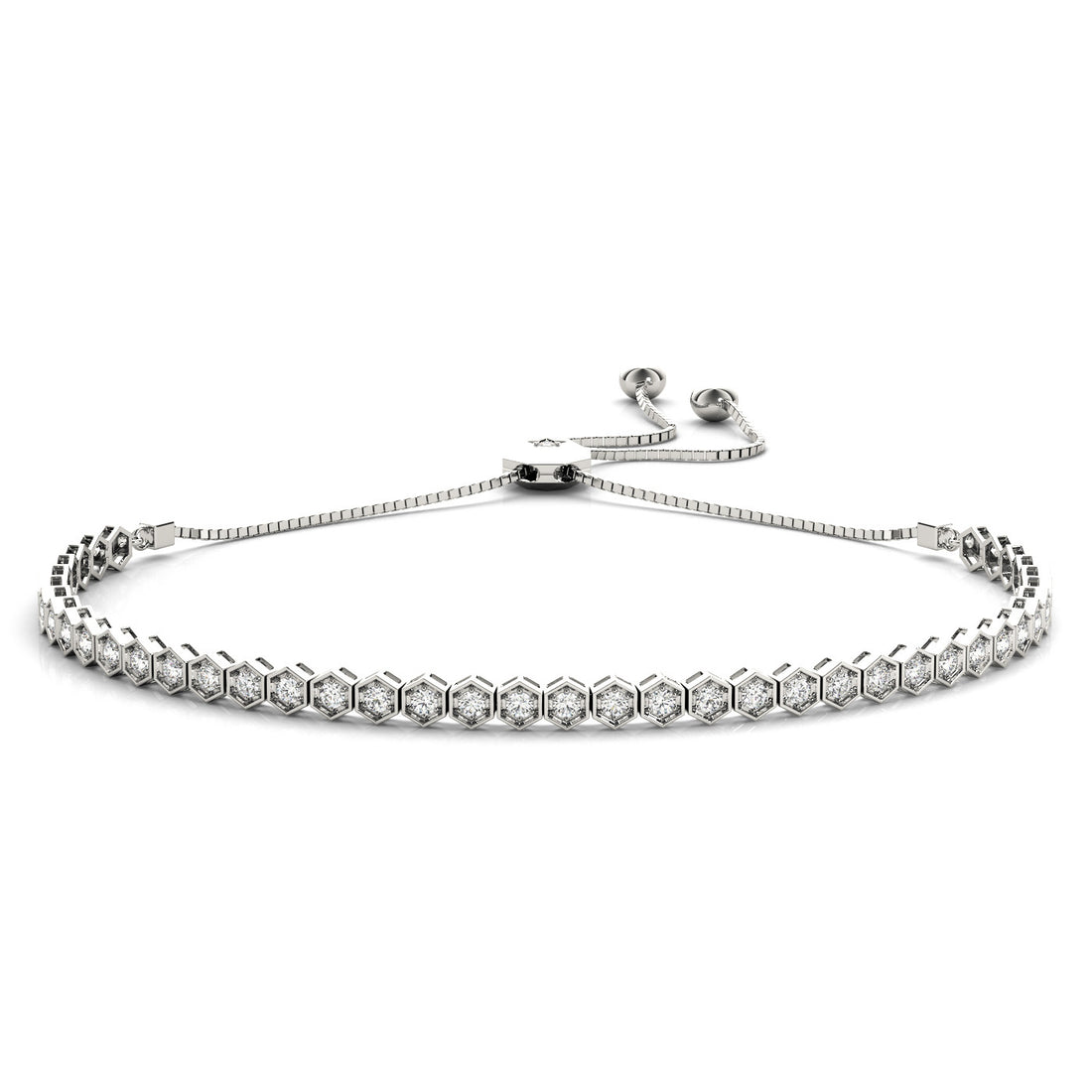 White gold Hexagon Diamond Box Chain Slider Bracelet with Bezel Setting