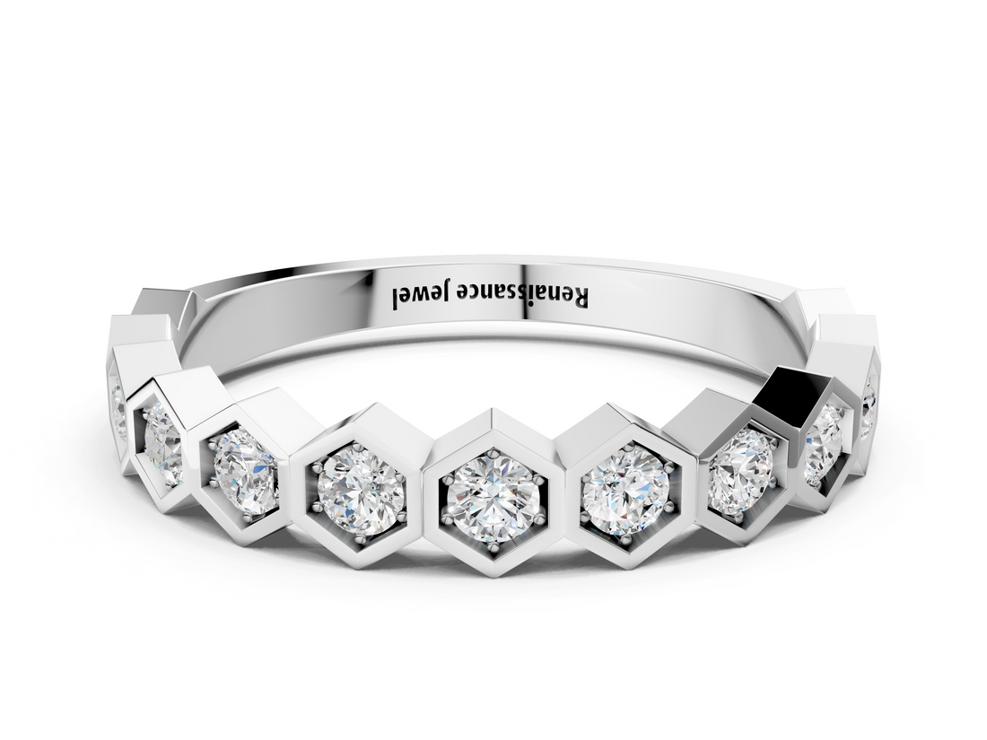 White gold Hexagon Pave Diamond Eternity Band with Bezel Setting_35