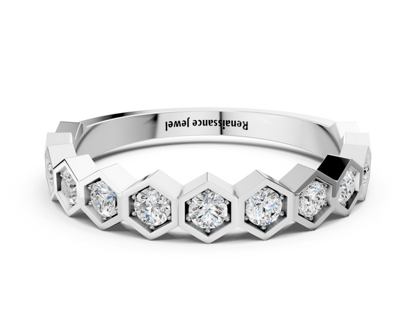 White gold Hexagon Pave Diamond Eternity Band with Bezel Setting