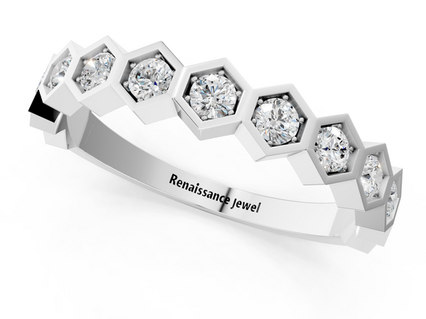 Silver Hexagon Pave Diamond Eternity Band with Bezel Setting