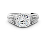 White gold Hexagonal Bezel Cushion Diamond Engraved Band Prong Ring_6