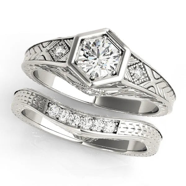 White gold Hexagonal Bezel Emerald Diamond Engraved Band Prong Ring