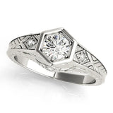 White gold Hexagonal Bezel Emerald Diamond Engraved Band Prong Ring