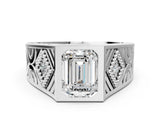 White gold Hexagonal Bezel Emerald Diamond Engraved Band Prong Ring_14