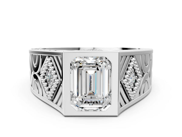 White gold Hexagonal Bezel Emerald Diamond Engraved Band Prong Ring