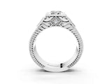 White gold Hexagonal Bezel Emerald Diamond Engraved Band Prong Ring_17