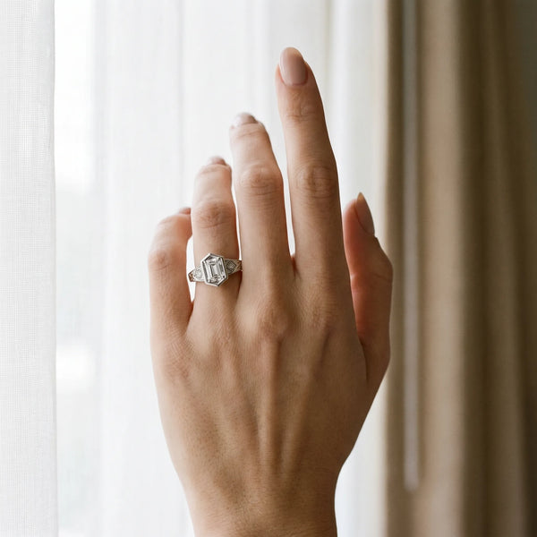 White gold Hexagonal Bezel Emerald Diamond Engraved Band Prong Ring